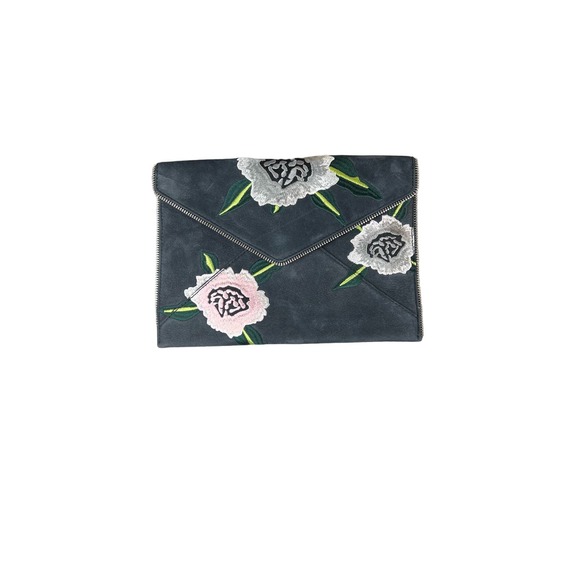 Rebecca Minkoff Embroidered Flowers Leo Nubuck Leather Envelope Clutch Zipper - Picture 1 of 10